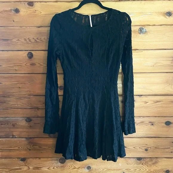 Free People | Dresses | Free People Black Lace Long Sleeve Fit And Flare  Dress Size Medium | Poshmark